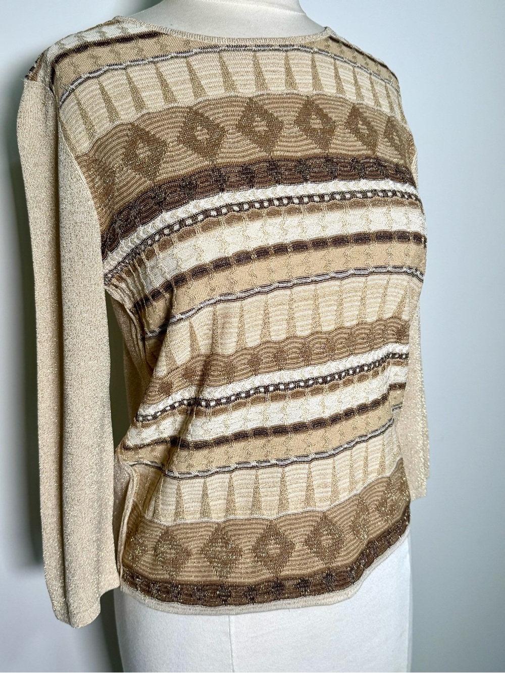 Patterned Metallic Sparkly Women’s Sweater - Classic Striped Knit Gold Brown